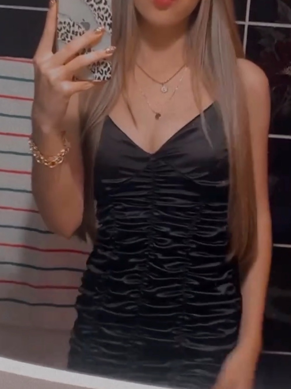 Black Ruched Satin Slip Dress